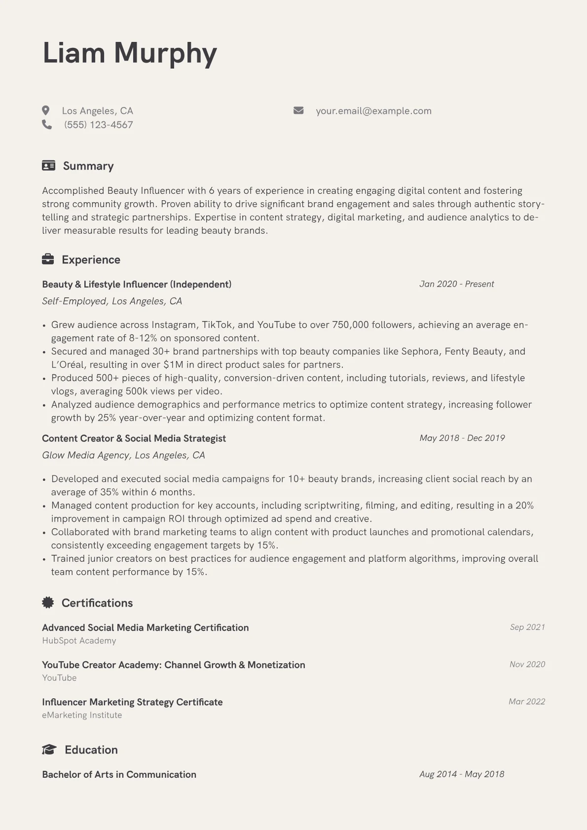 Beauty Influencer Resume Example CV template - Page 1
