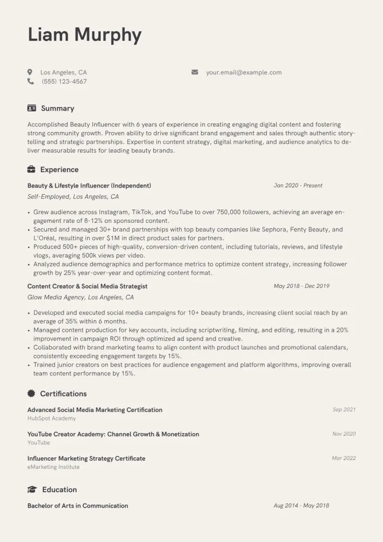 Beauty Influencer Resume Example CV template preview