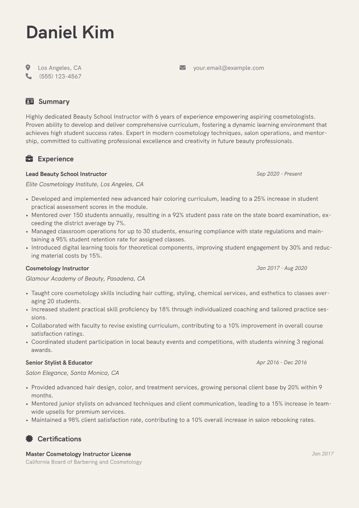 Beauty School Instructor Resume Example CV template - Page 1