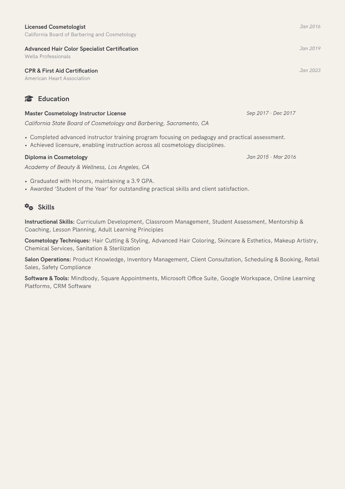 Beauty School Instructor Resume Example CV template - Page 2