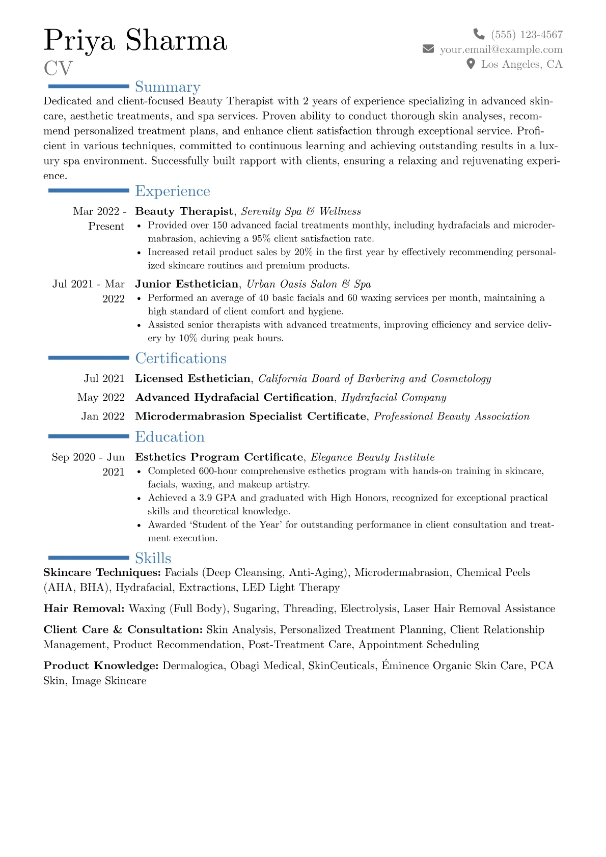 Beauty Therapist Resume Example CV template - Page 1