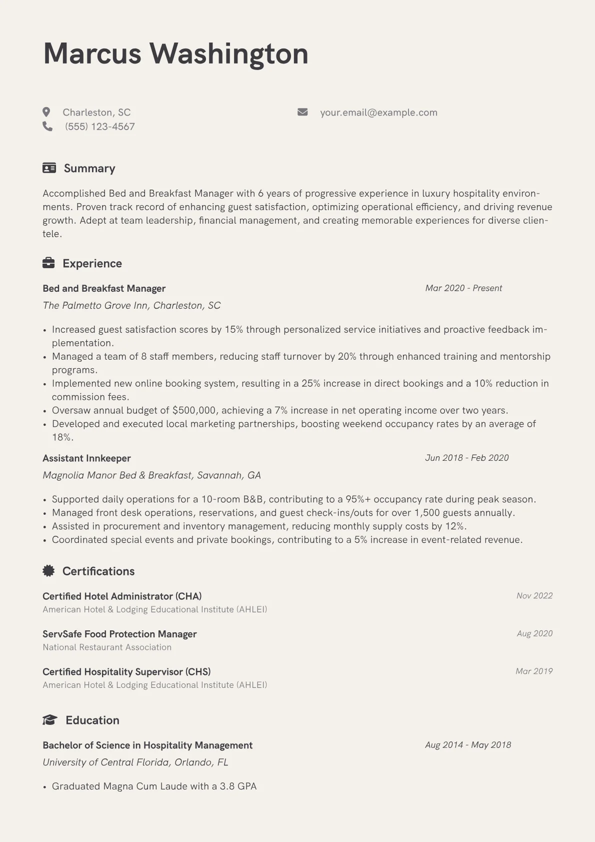 Bed and Breakfast Manager Resume Example CV template - Page 1