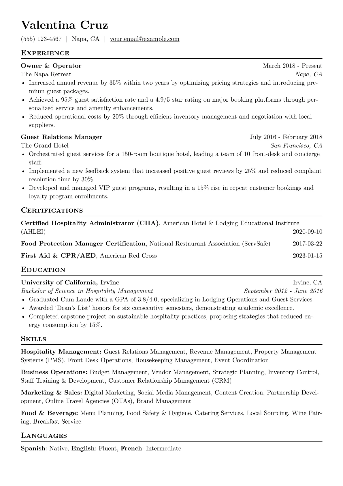 Bed and Breakfast Owner Resume Example CV template - Page 1