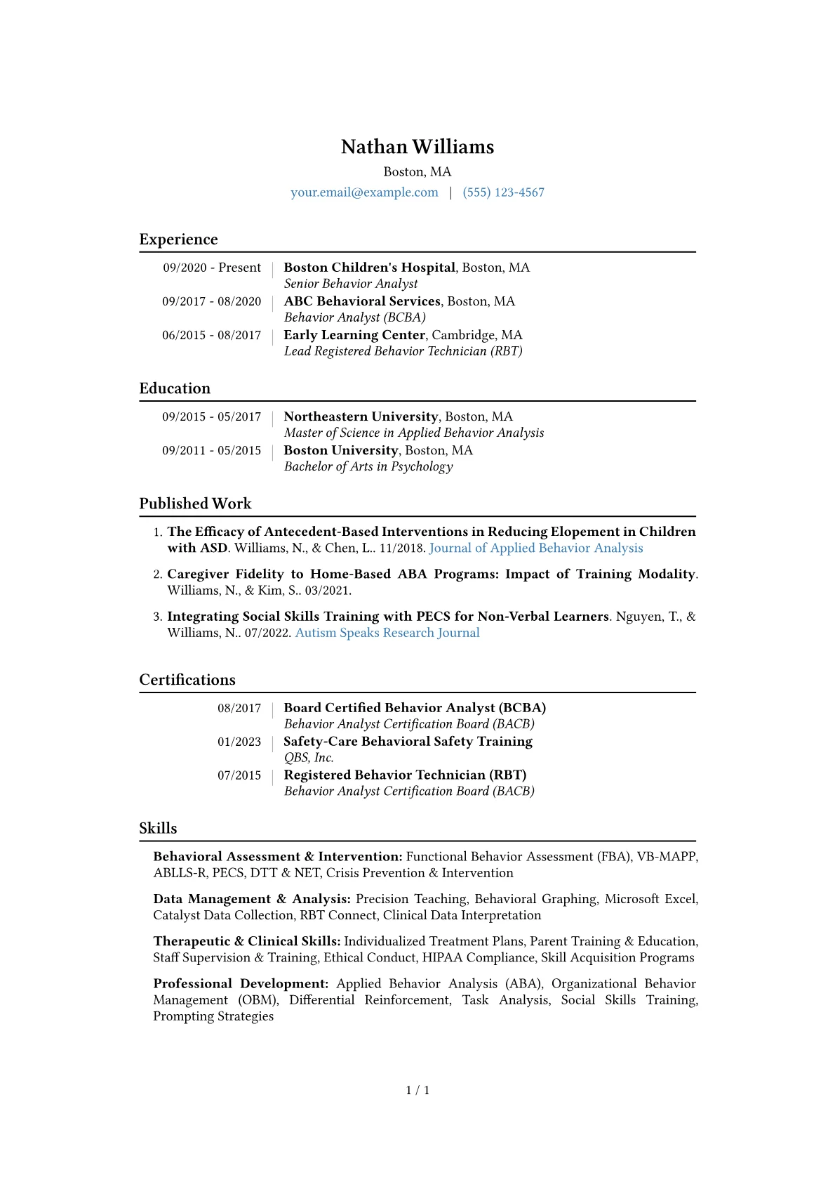 Behavior Analyst Resume Example CV template - Page 1
