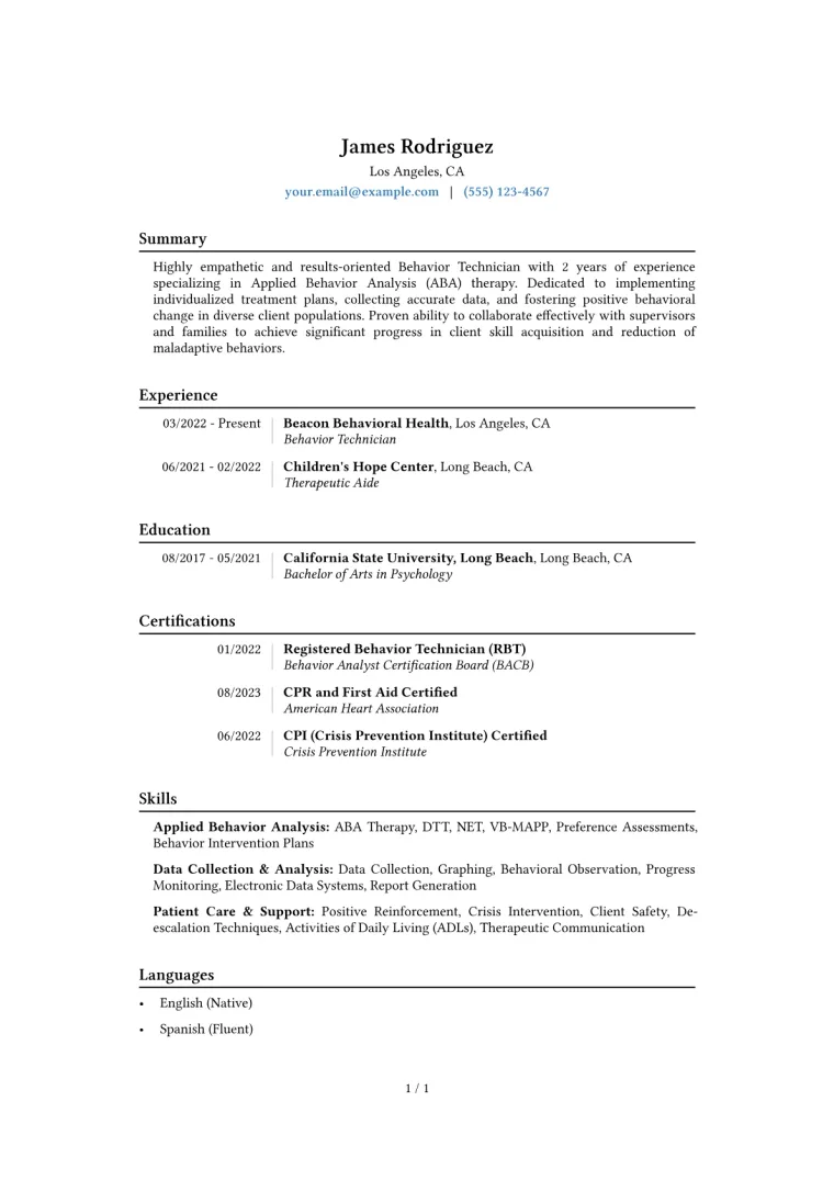 Behavior Technician Resume Example CV template preview