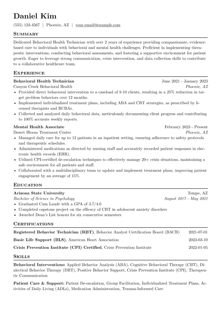 Behavioral Health Technician Resume Example