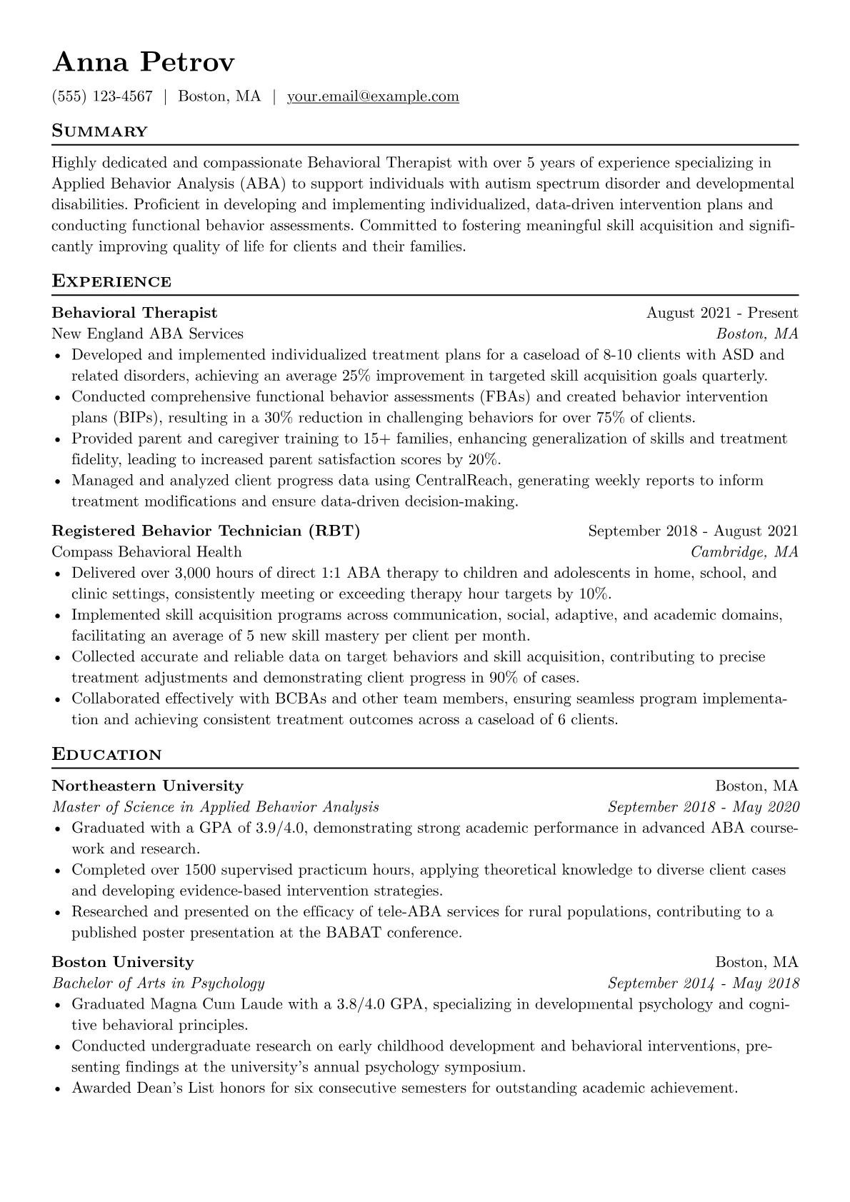 Behavioral Therapist Resume Example CV template - Page 1