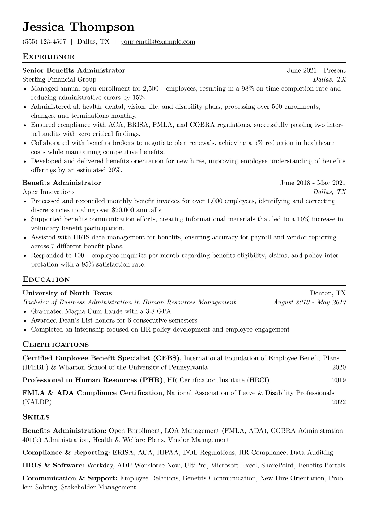 Benefits Administrator Resume Example CV template - Page 1