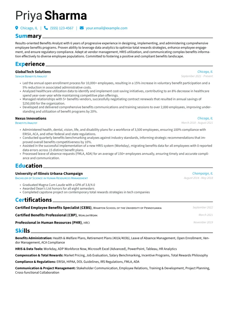 Benefits Analyst Resume Example CV template preview