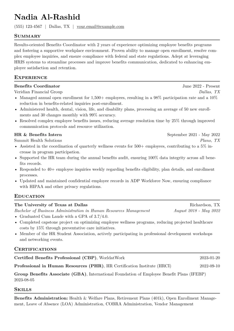 Benefits Coordinator Resume Example CV template preview