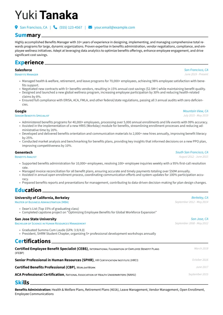 Benefits Manager Resume Example CV template preview