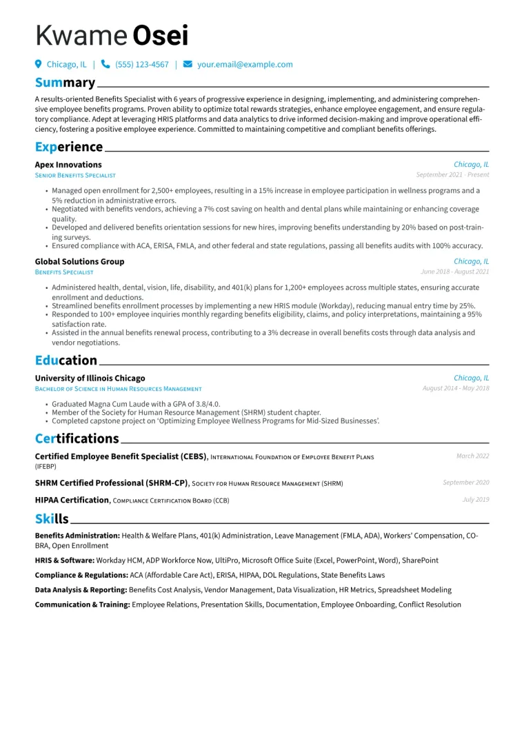 Benefits Specialist Resume Example CV template preview
