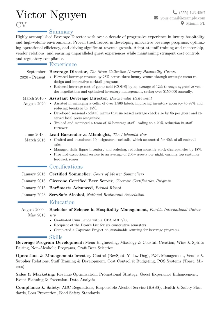 Beverage Director Resume Example CV template preview