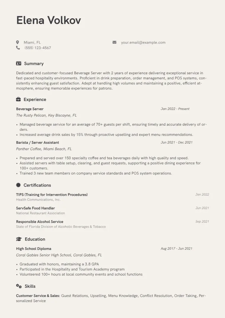 Beverage Server Resume Example CV template preview