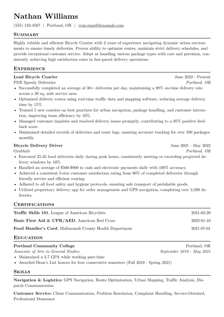 Bicycle Courier Resume Example CV template preview