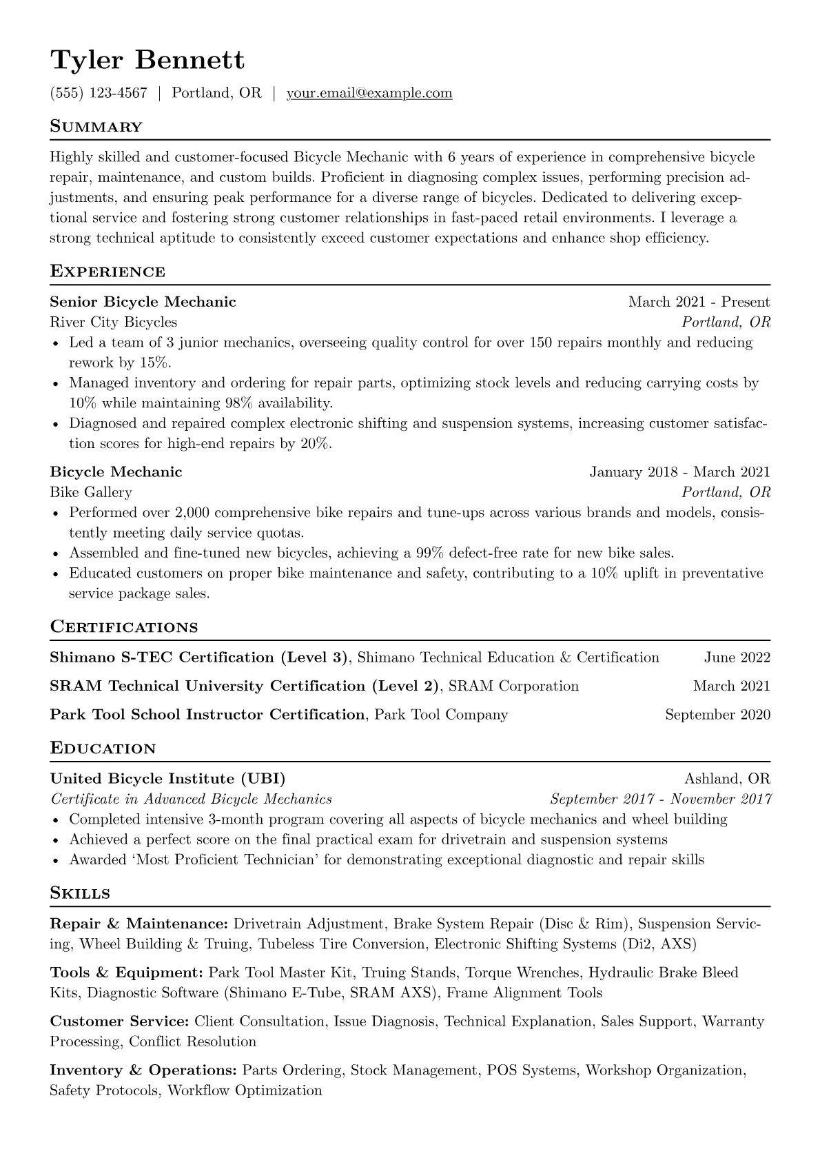 Bicycle Mechanic Resume Example CV template - Page 1