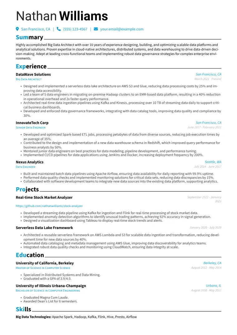 Big Data Architect Resume Example CV template preview