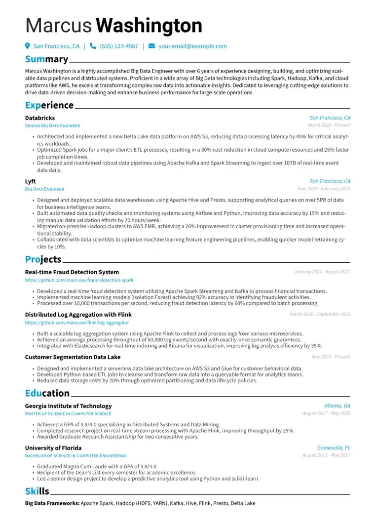 Big Data Engineer Resume Example CV template preview