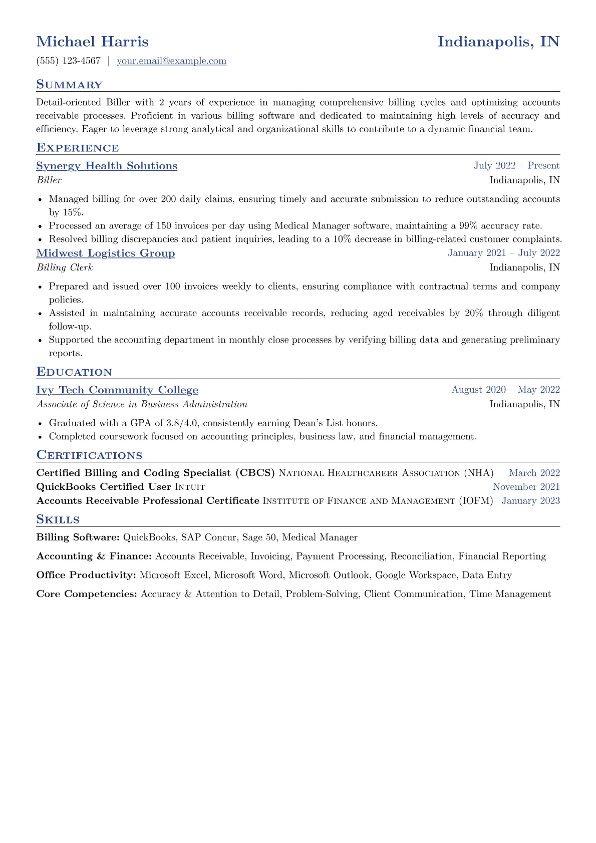 Biller Resume Example CV template - Page 1