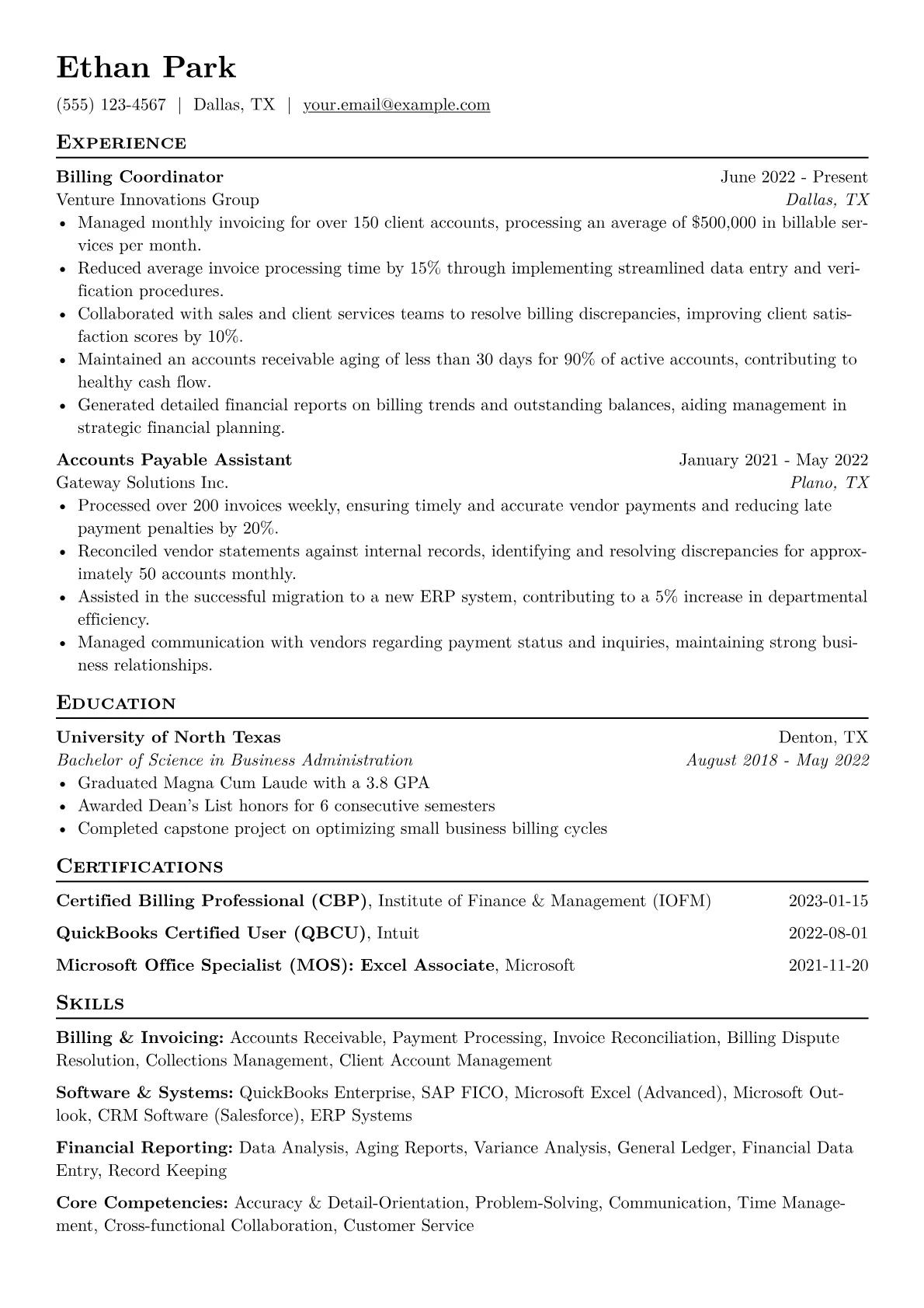 Billing Coordinator Resume Example CV template - Page 1