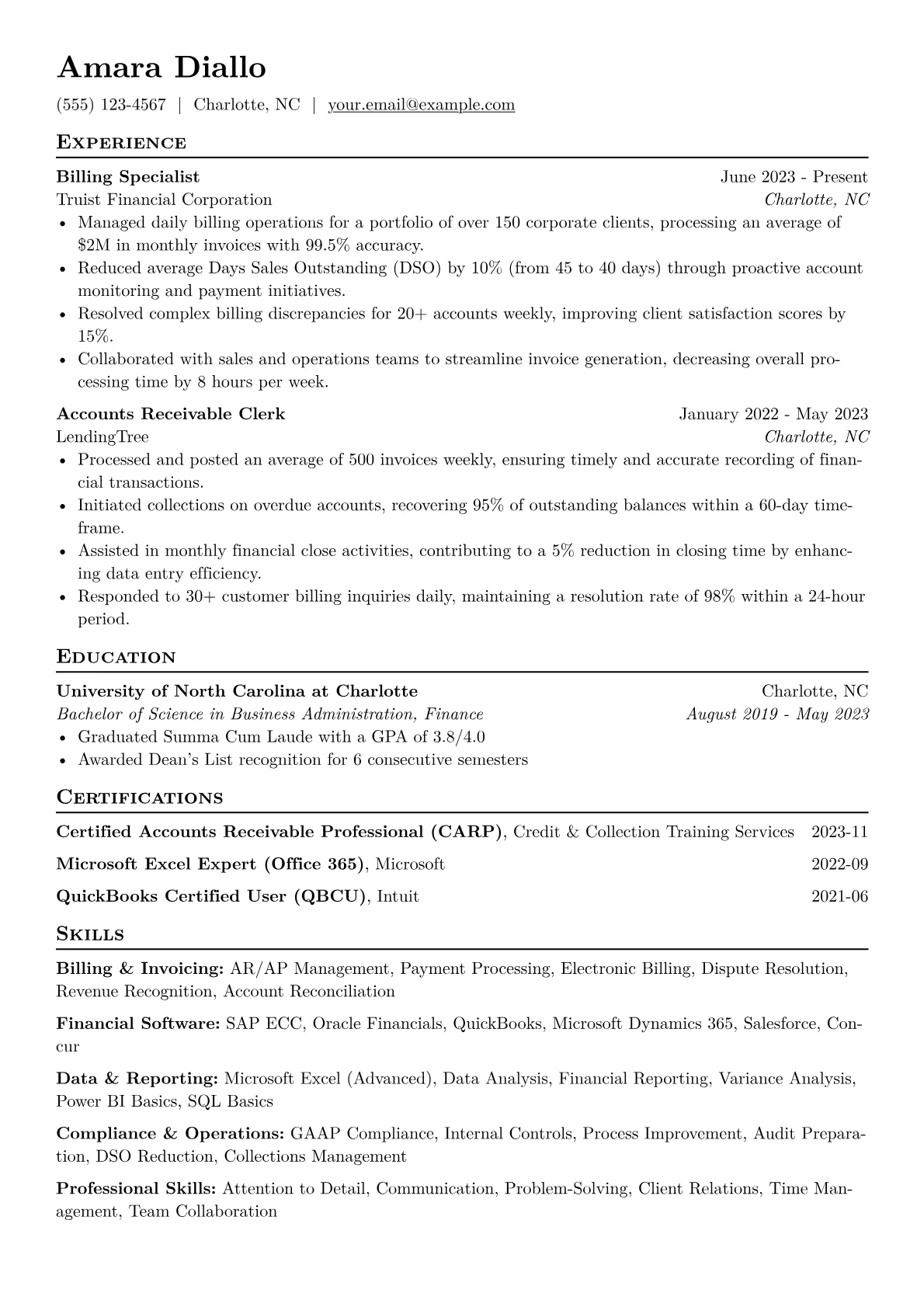 Billing Specialist Resume Example CV template - Page 1