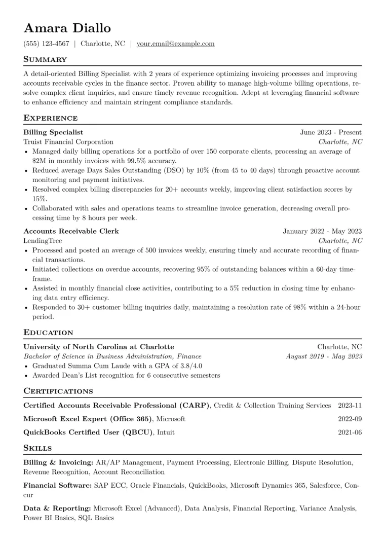 Billing Specialist Resume Example CV template preview