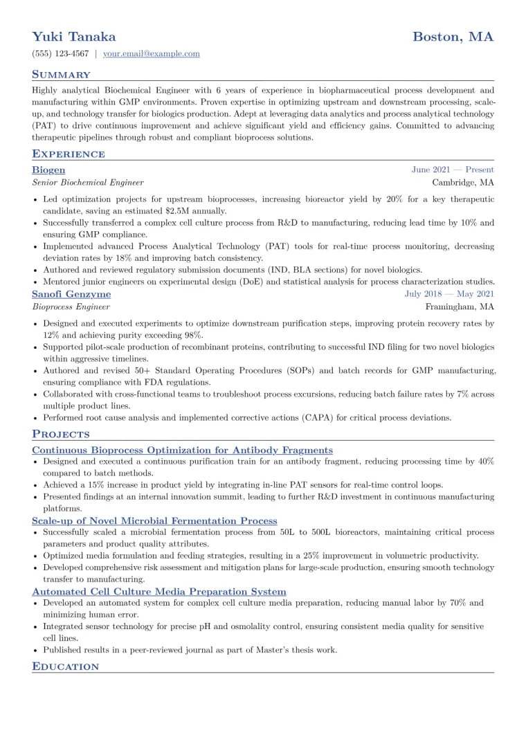 Biochemical Engineer Resume Example CV template preview