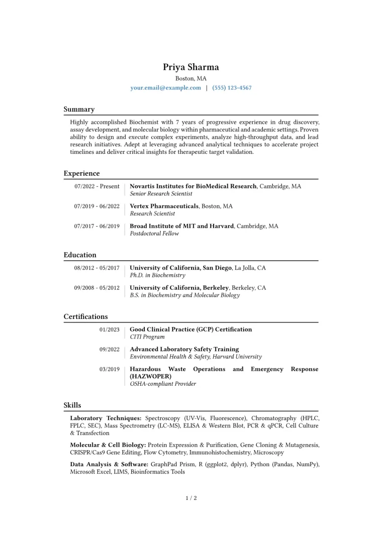 Biochemist Resume Example CV template preview