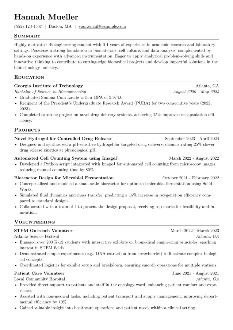 Bioengineering Student Resume Example CV template preview
