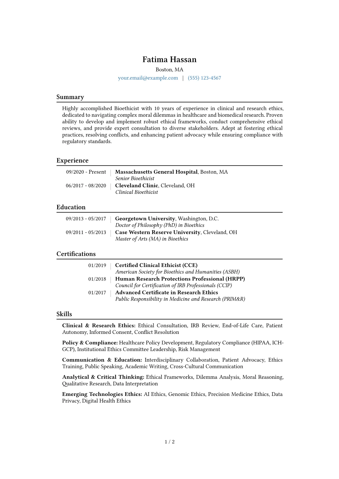 Bioethicist Resume Example CV template - Page 1