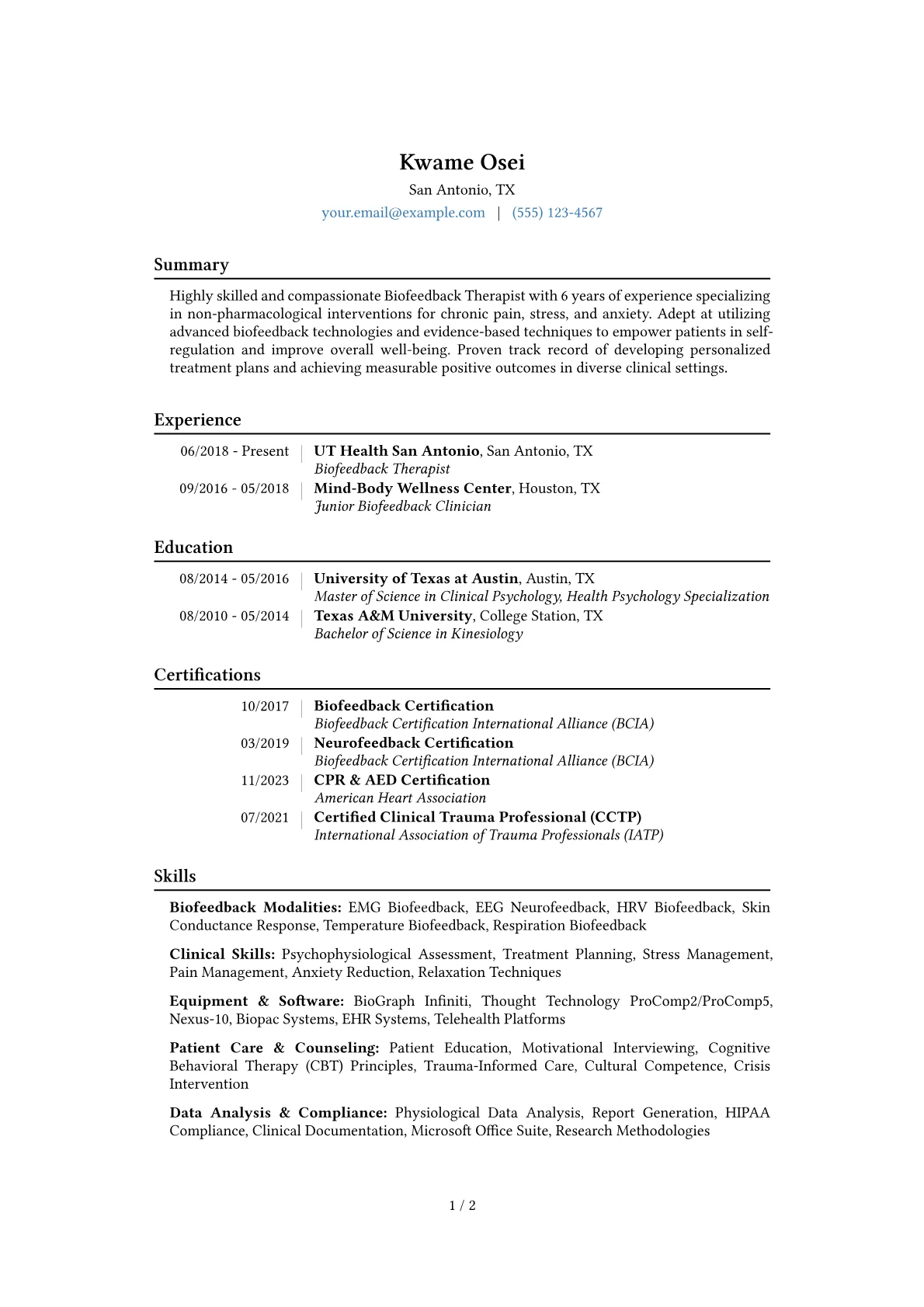 Biofeedback Therapist Resume Example CV template - Page 1