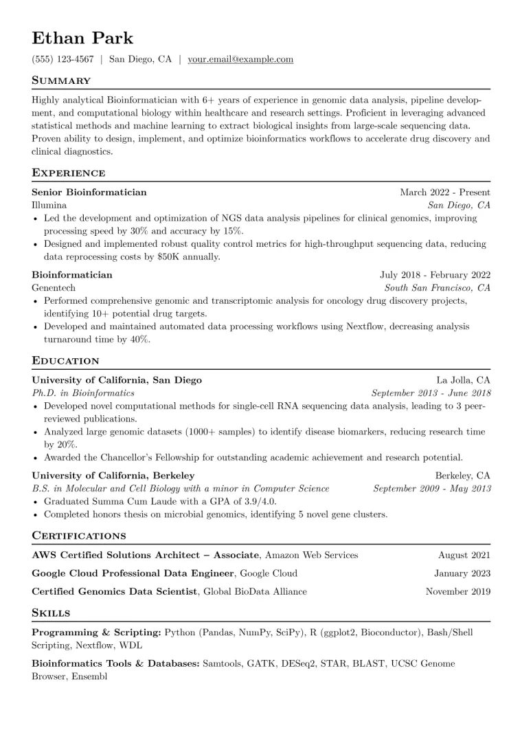 Bioinformatician Resume Example CV template preview