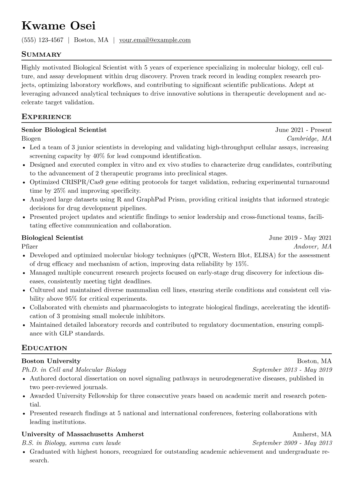 Biological Scientist Resume Example CV template - Page 1