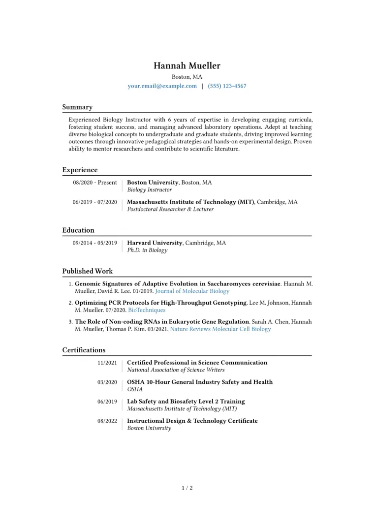 Biology Instructor Resume Example CV template preview
