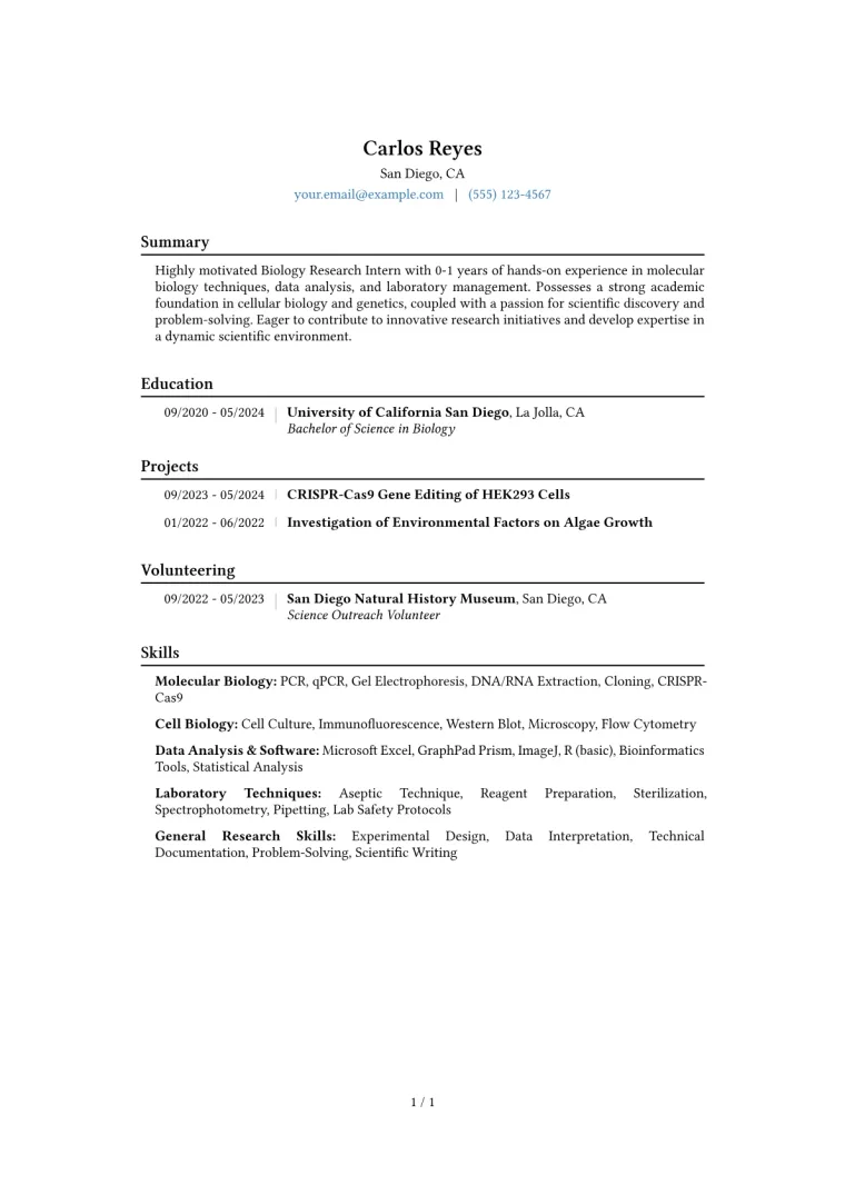 Biology Research Intern Resume Example CV template preview