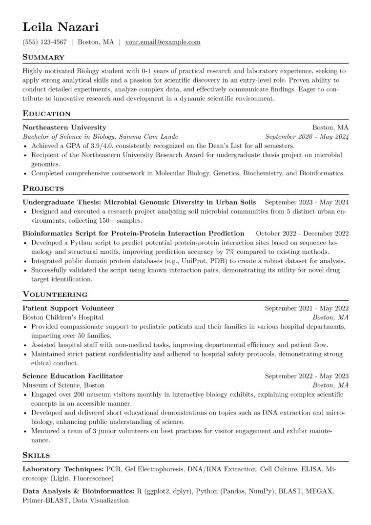 Biology Student Resume Example CV template preview