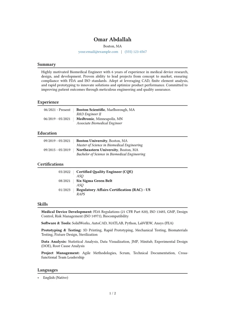 Biomedical Engineer Resume Example CV template preview