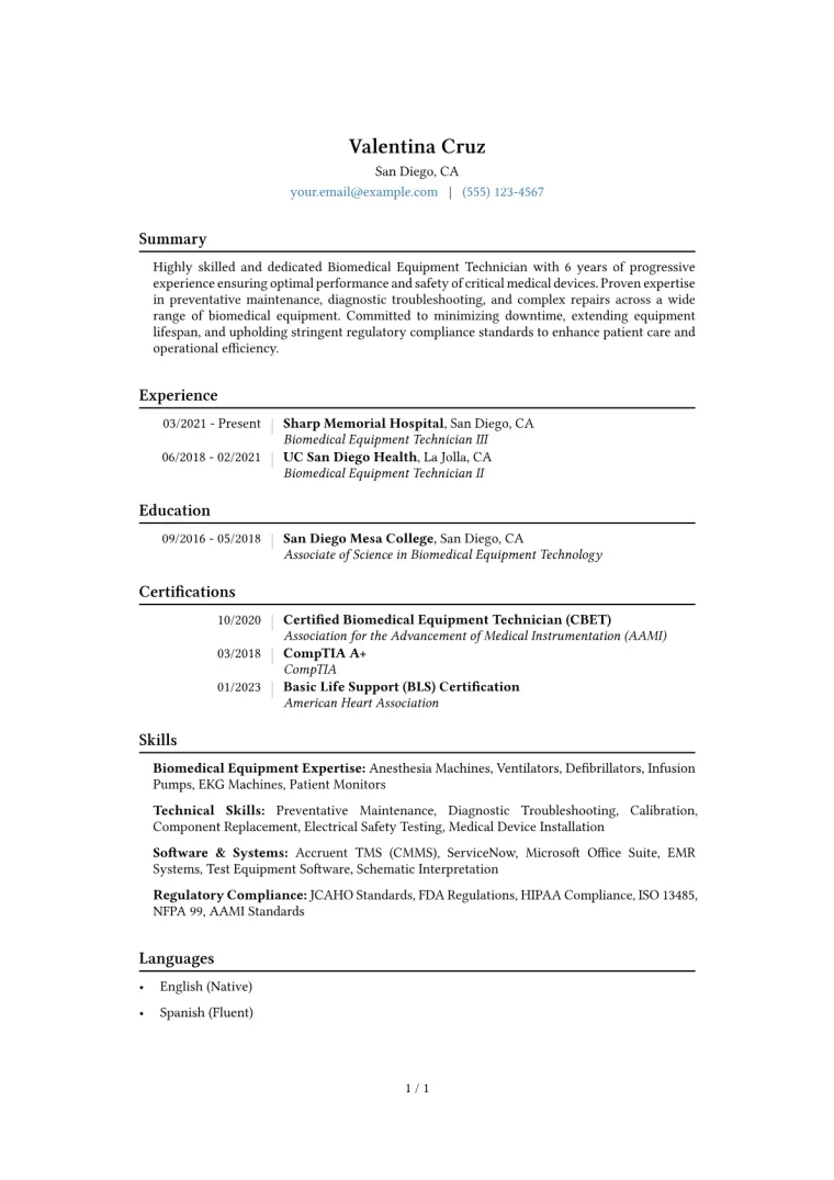 Biomedical Equipment Technician Resume Example CV template preview