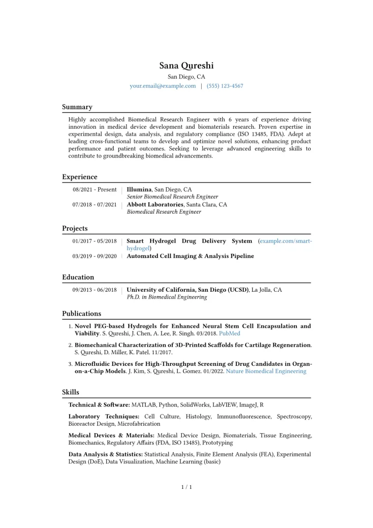 Biomedical Research Engineer Resume Example CV template preview