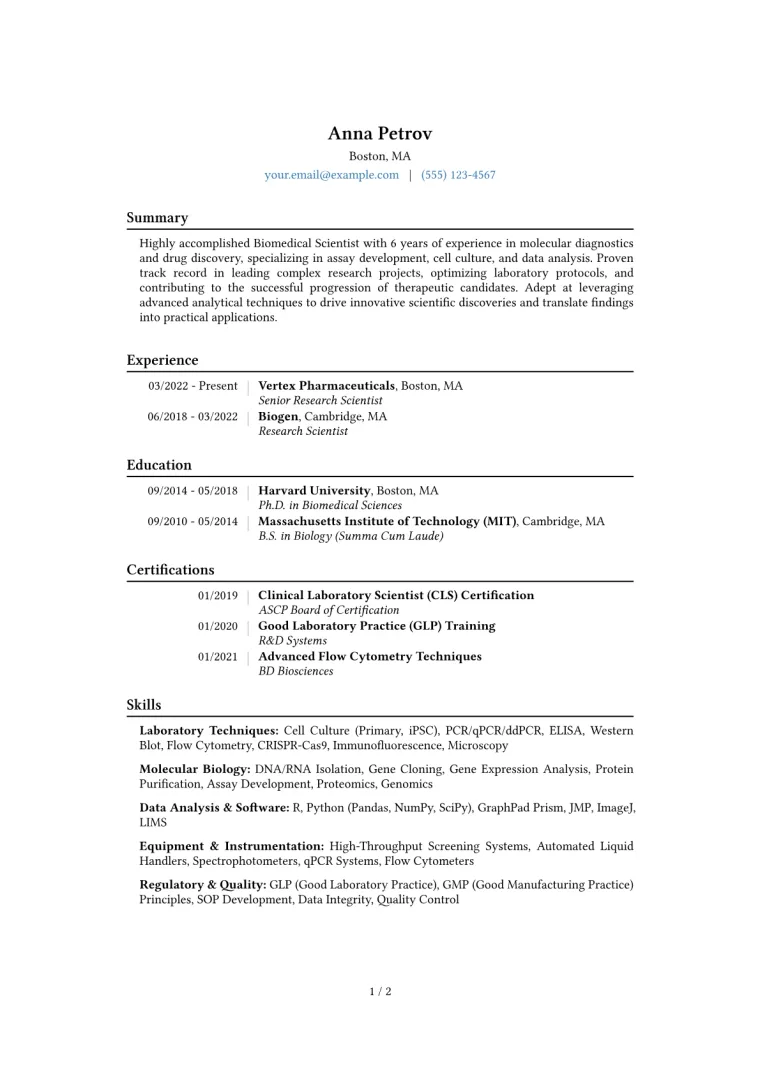 Biomedical Scientist Resume Example
