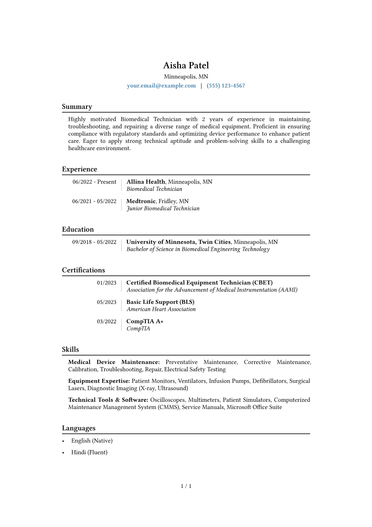 Biomedical Technician Resume Example CV template - Page 1