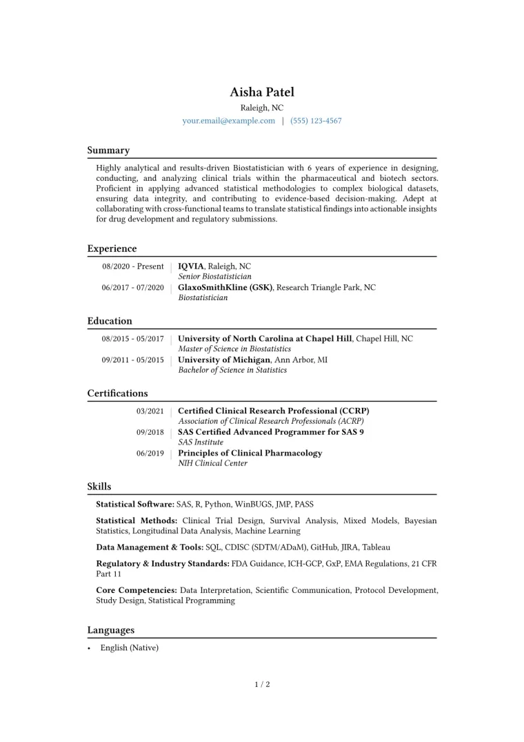 Biostatistician Resume Example CV template preview