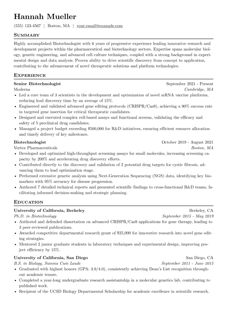 Biotechnologist Resume Example CV template preview