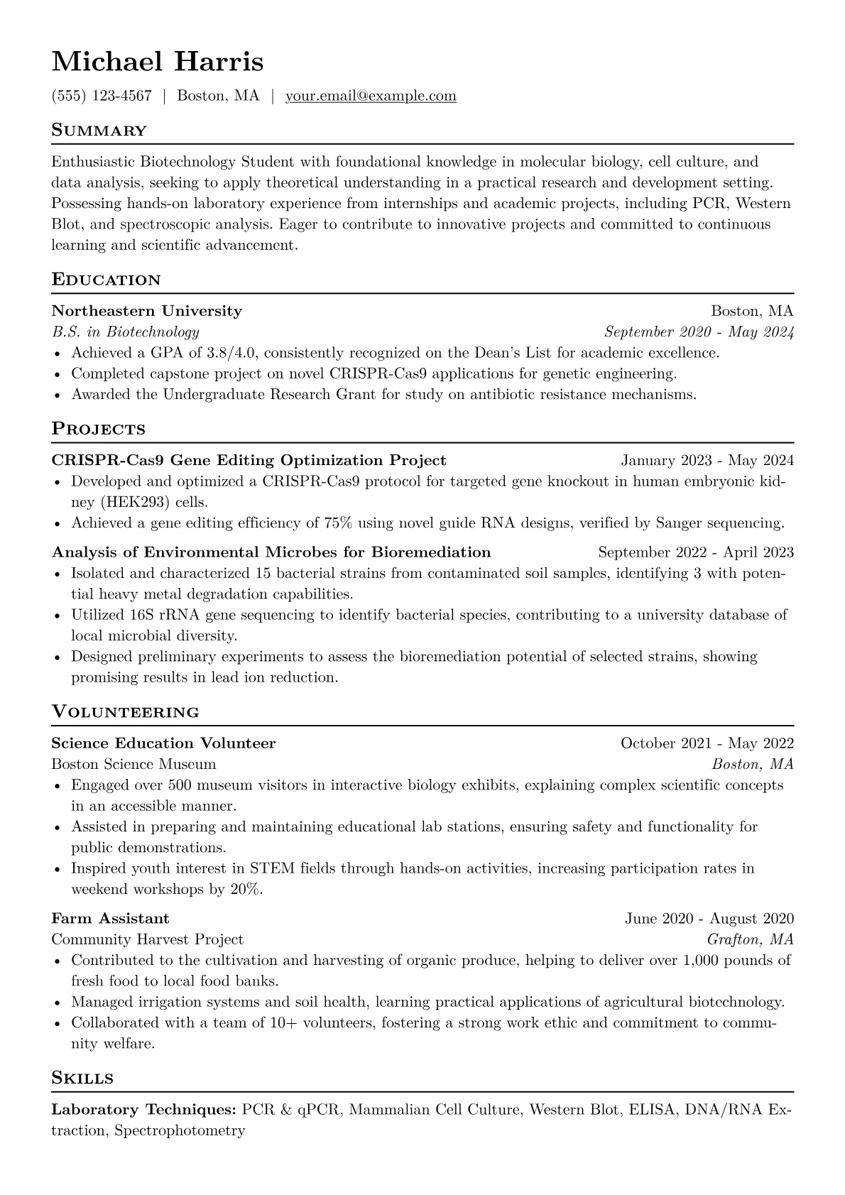 Biotechnology Student Resume Example CV template - Page 1