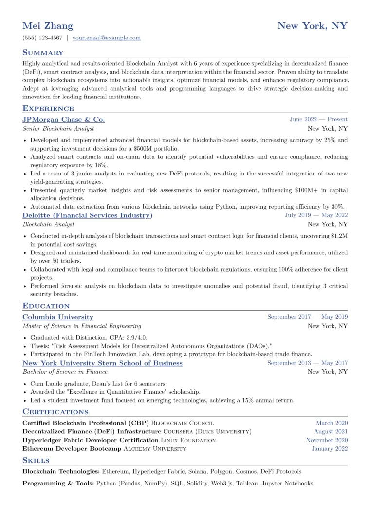 Blockchain Analyst Resume Example CV template preview