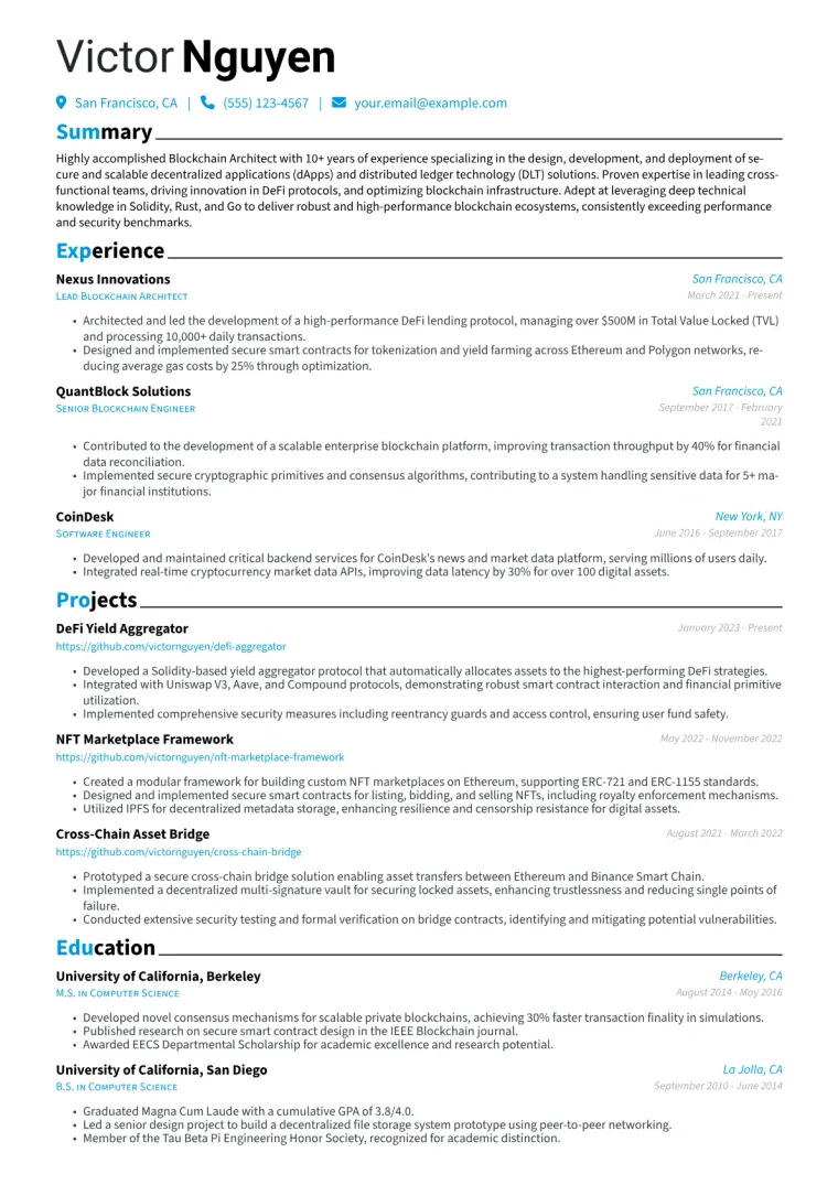 Blockchain Architect Resume Example CV template preview