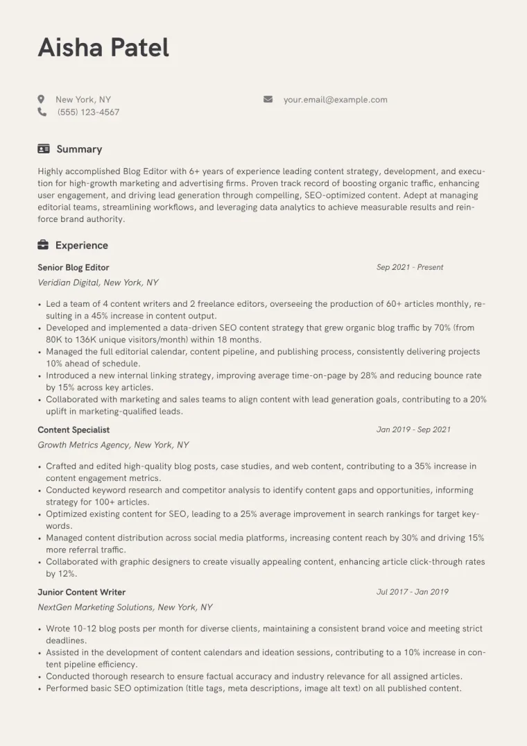 Blog Editor Resume Example CV template preview