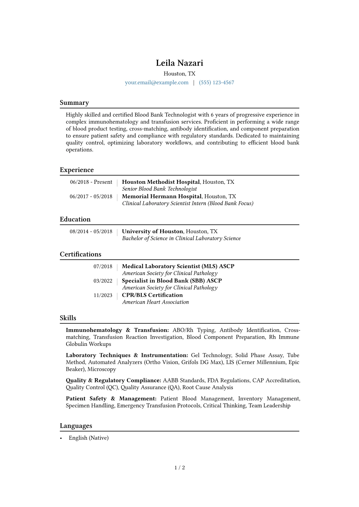Blood Bank Technologist Resume Example CV template - Page 1