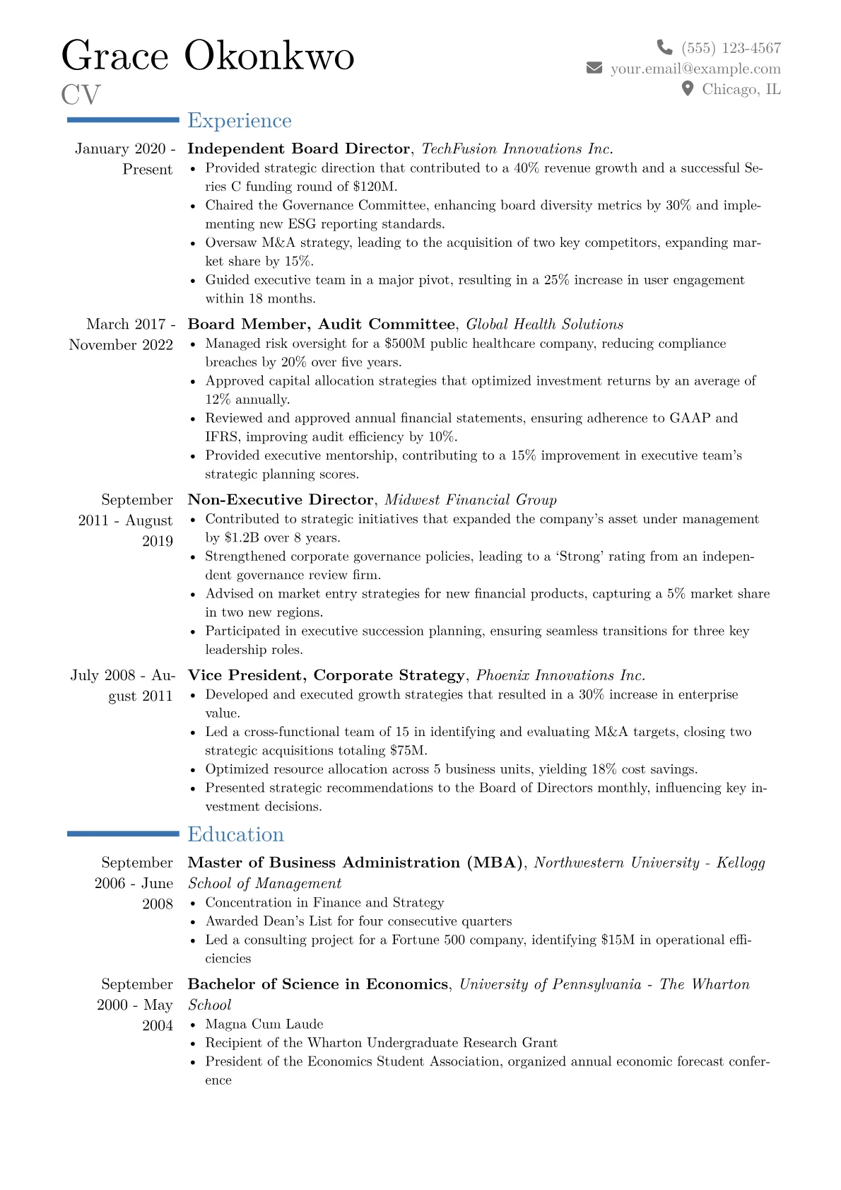 Board Member Resume Example CV template - Page 1