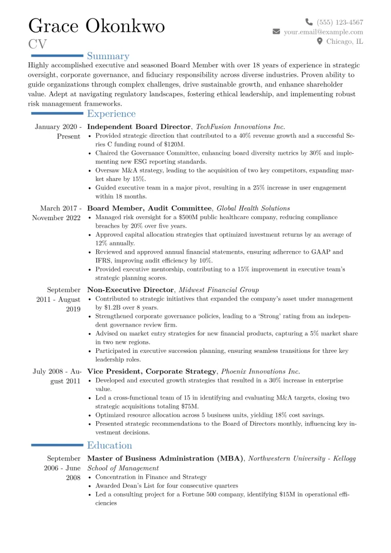 Board Member Resume Example